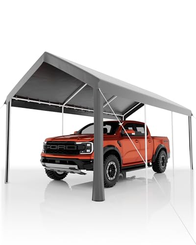 10x20 ft Carport Car Port Canopy with PE Fabric and Galvanized Steel Frame,Outdoor Shelter Waterproof & UV Protected with Windproof Ropes,Ideal for All-Season Tarp for Car, Truck,Grey. ElfinAura