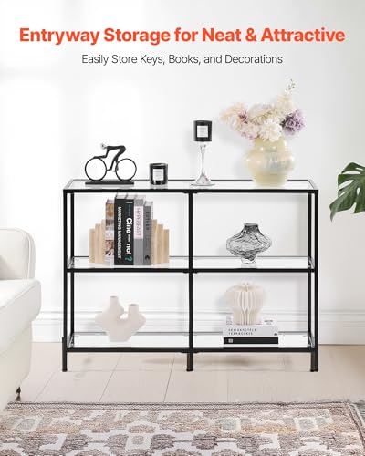 VEVOR 3-Tier Glass Console Table, Modern Rectangle Sofa Side Table with Tempered Glass Top and Iron Legs, Golden Consloe Desk with Anti-Tip Device for Living Room, Hallway, Entryway, Foyer, Black VEVOR