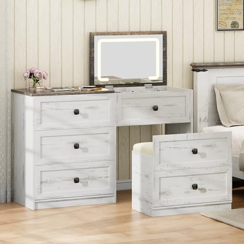 Gurexl 3-in-1 Vanity Desk with Flip Top Mirror and Lights, Makeup Dressing Table with Gun Drawer and Charging Station, Bedroom Dresser Vanity with Chair and Hidden Storage (Antique White) Gurexl