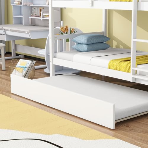 Twin Over Twin Bunk Bed with Trundle, Convertible into Two Twin Platform Beds, Wood Bed Frame with Ladder & Safety Guardrails, Space-Saving Design for Kids & Guests, No Box Spring Needed (White) XEPAMU