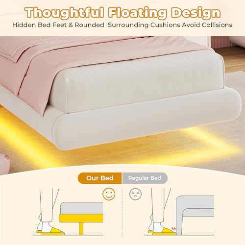MapleGrace Twin Upholstered Bed Frame with Curved Headboard, Floating Bed Frame with LED Lights and Charging Station, Soft Rounded Corners, No Box Spring Needed, Easy Assembly, White MapleGrace
