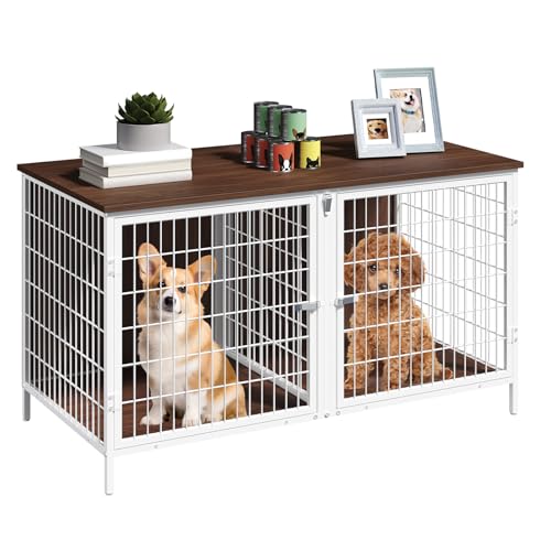 MAHANCRIS Dog Crate Furniture for 2 Dogs, 43.3" Dog Kennel with Removable Divider, Heavy Sturdy Dog Furniture Style Double Cage for Small Medium Dogs, Indoor Pet House End Table, White and Walnut MAHANCRIS
