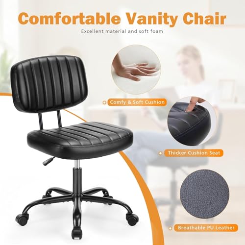 Sweetcrispy Small Office Desk Chair - Armless PU Leather with Comfy Lumbar Support, Height Adjustable Rolling Swivel Task for No Arms, for Adult, Student, Bedroom, Home, Vanity, Black Sweetcrispy