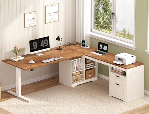 YOMILUVE Farmhouse L Shaped Standing Desk, 66 inch Corner Electric Standing Desk with Drawers & Storage Shelves, Height Adjustable Computer Desk with Power Outlets for Home Office, Antique White YOMILUVE