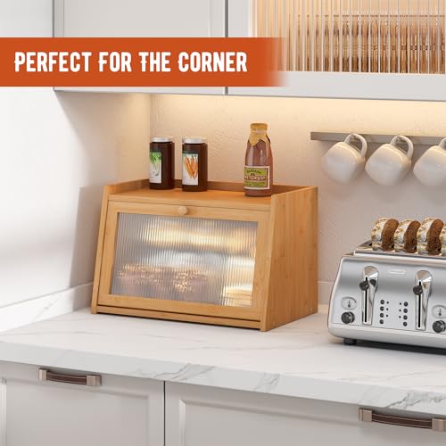 GHWIE Large Bread Box, Easy Access & Cleaning - Bamboo Bread Box for Kitchen Countertop with Acrylic Door,Natural GHWIE