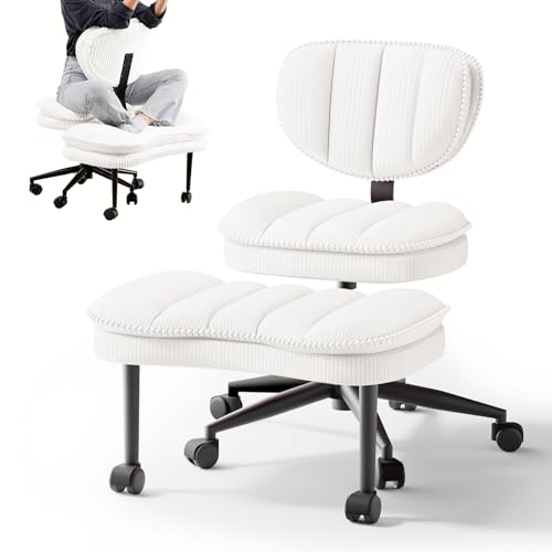 Cross Legged Office Chair, Ergonomic Cloud Criss Cross Desk Chair, Meditation Chair with Wheels, Height Adjustable Seat for ADHD, Wide Kneeling Chair with Back Support, Corduroy Fabric, White HOMRELEXA
