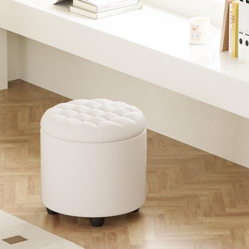 Furniliving Upholstered Button Tufted Round Ottoman, PU Storage Ottoman Round, Removable Lid Convenient Footstools, Classic Ottoman with Storage for Vanity, Nursery Room,IvoryWhite Furniliving