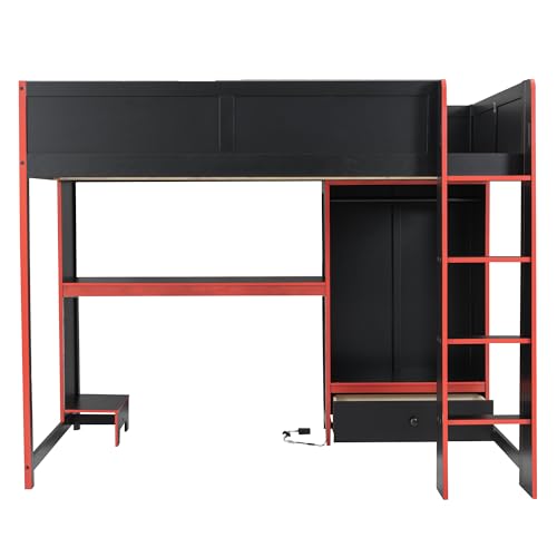 LZ LEISURE ZONE Gaming Bed, Wood Full Size Gaming Loft Bed with Built-in Desk, Wardrobe, LED and a Drawer, Black LZ LEISURE ZONE