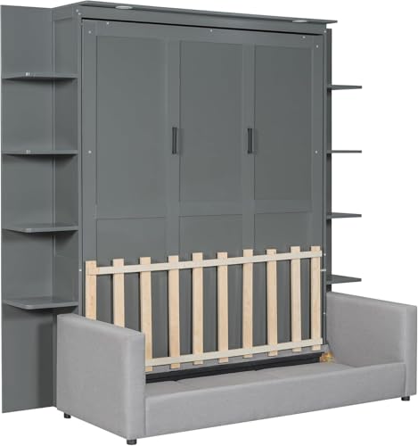 Queen Murphy Bed with Couch and Storage Shelves,Wood Murphy Wall Bed Cabinet with Storage Shelves and Sofa,Folding(Grey) Virubi