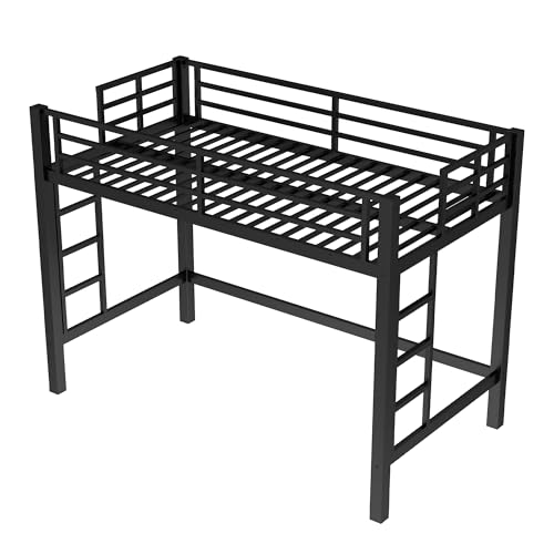 Metal Twin XL Size Loft Bed,Heavy Duty Loft Bed Frame Twin XL Size with 2 Ladders and Full Length Guardrails for Kids, Teens, Adults, Noise-Reducing,Space-Saving,Black Bellemave