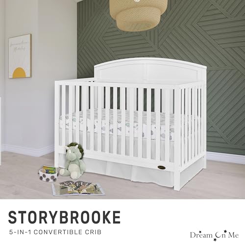 EVOLUR Dream On Me Storybrooke 5 in 1 Convertible Crib in White, JPMA & Greenguard Gold Certified,Built of Sustainable Pinewood, 3 Mattress Height Settings, Non-Toxic Water-Based Paint Finish Dream On Me
