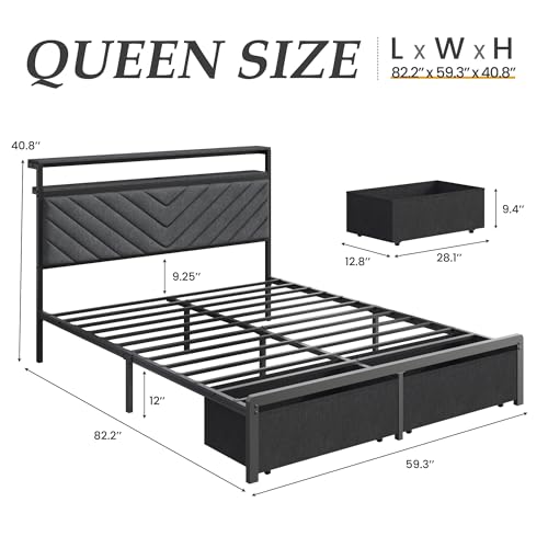 Fluest Queen Bed Frame with 2 Drawers, Upholstered Headboard with Storage and Charging Station, LED Lights, Fabric Drawers with Wheels, Under Bed Storage, No Box Spring Needed, Easy Assembly, Grey Fluest