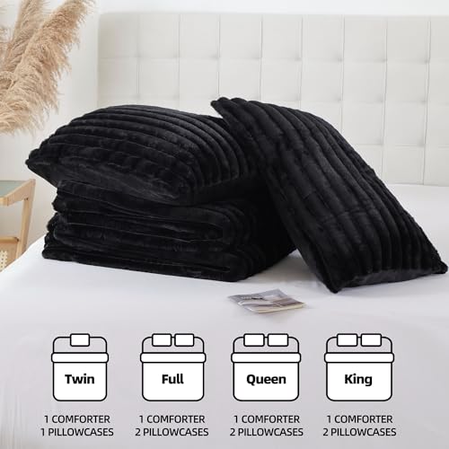 Smoofy Fluffy Queen Comforter Set 3 Pieces - Black Fleece Fluffy Comforter Set, Luxury Fuzzy Queen Bedding Set, Soft Warm Bed Set All Season, Heavy Faux Fur Comforter with 2 Pillow Cases Smoofy