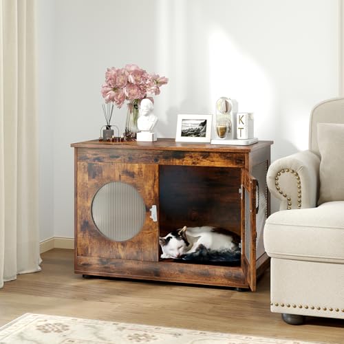 PETSITE 32.5 Inches Wooden Dog Crate Furniture, Decorative Industrial Indoor Dog Kennel Cage with Translucent Window, and Lockable Door, Pet House End Table Ideal for Small and Medium Dogs PETSITE