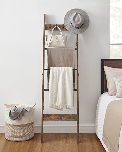 Hzuaneri Blanket Ladder Shelf for Living Room, Decorative Wood Quilt Rack with 4 Removable Hooks, 5-Tier Farmhouse Ladder Holder Organizer for Bedroom, Rustic Brown 02101BBR Hzuaneri