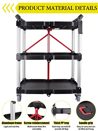 EBANKU Folding Collapsible Service Cart, Heavy Duty 3-Shelf Rolling Tool Cart, Supports Up to 150 lbs for Warehouse Storage, Garage, Cleaning EBANKU