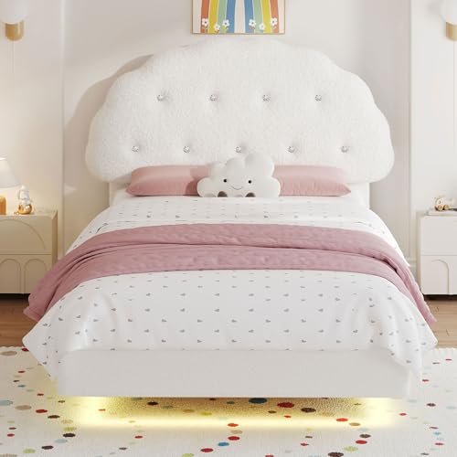 Decofy Cookie Twin Upholstered Bed Frame with LED Lights, Floating Bed Frames with Adjustable Headboard and Raised Footboard for Princess/Prince Bedroom, Teddy Velvet(White) Decofy