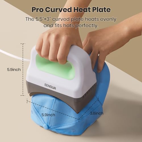 EENOUR Hat Press Machine, Mini Heat Press for Caps with 3 Heating Levels & Auto-Off, Handheld Cap Easy Press with 3"×5.5" Arched Heating Plate for 6-8 Hat Size, 19-26 Girth EENOUR