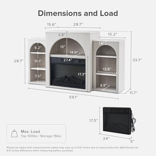 Mopio Blake 59" Arched TV Stand for 32/42/55/60/65 Inch TVs, Fireplace Mantel, Modular Side Storage Shelves, Entertainment Center for Living Room, TV Table Credenza, Media Console (White, With Insert) mopio