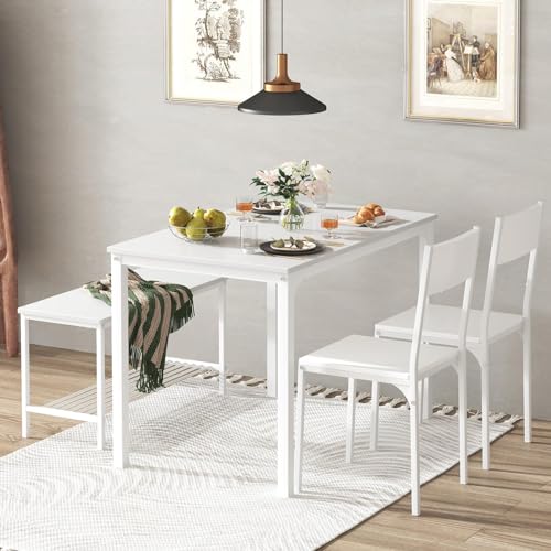 SogesPower Dining Table Set for 4, Kitchen Dining Table Set with 2 Chairs and 1 Bench, 4 Person Kitchen Table Set for Dining Room Restaurant Small Space, White SogesPower