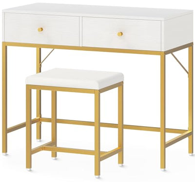 SUPERJARE 35.4" White and Gold Desk with 2 Drawers, Modern Makeup Vanity Desk with Padded Stool, Small Computer Desk Home Office Desk for Writing Study Bedroom