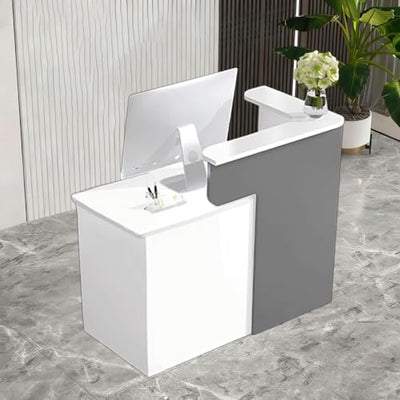 HPLWYM White Grey Reception Desk with Counter, Reception Table with Lockable Drawer, Front Desk Reception Room Table for Office Lobby Cafe Salon