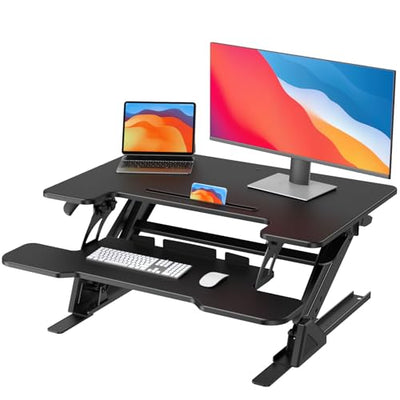 HUANUO 32" Z Shaped Stable Standing Desk Converter, Height Adjustable Sit Stand Up Desk Riser, Dual Monitor and Laptop Workstation with Wide Keyboard Tray, Desk Lifter for Home Office