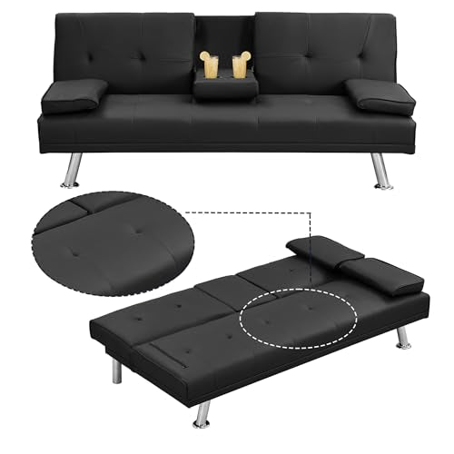 Futon Sofa Bed Modern Folding Couch for Small Space, Faux Leather Convertible Loveseat Sleeper Bed Daybed Recliner Lounge Sofas for Living Room,2 Cup Holders,Metal Legs,Removable Armrests (Black) Anwick