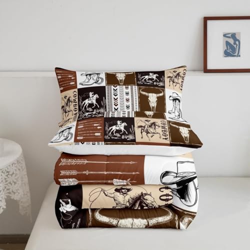 Cowboy Comforter Set Twin Size,Southwestern Aztec Country Horse Bedding Set 2pcs,Rustic Ranch Retro Animal Down Comforter,Brown Patchwork Farmhouse Bed Set for Kids Boys Teens,1 Pillowcase,No Sheets Manfei