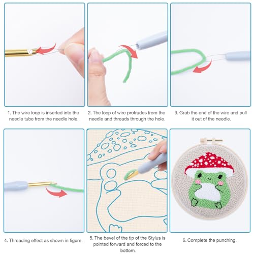 Louise Maelys Beginners Punch Needle kit,Embroidery Starter Kits for Adults,Rug Tool,Cross Stitch Including Handle Pen,Cloth,Hoop,Threads and Instruction-Mushroom Frog Pattern