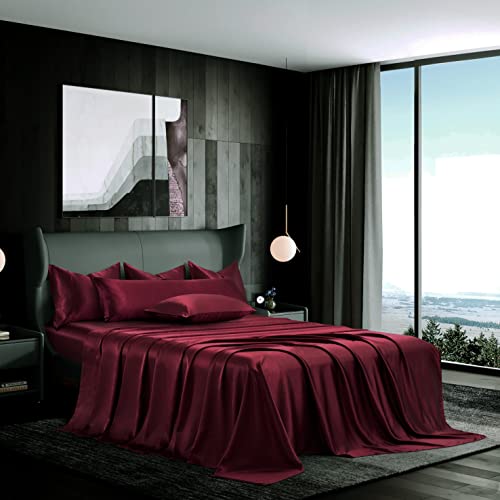 Manyshofu 7Pcs Burgundy Satin Sheets Queen Size Silky Satin Bed Sheets Set, Luxurious & Soft Bedding Set - 1 Fitted Sheet, 1 Flat Sheet, 4 Pillowcases + 1 Body Pillow case Manyshofu