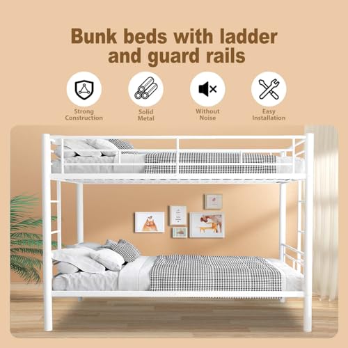 HomJoones Metal Bunk Bed Twin Over Twin Sturdy Heavy Duty Bunk Beds with 2 Side Ladders,Space Saving,No Box Spring Needed,for Boys Girls Teens Adults, Bedroom, Dormitory (White) HomJoones