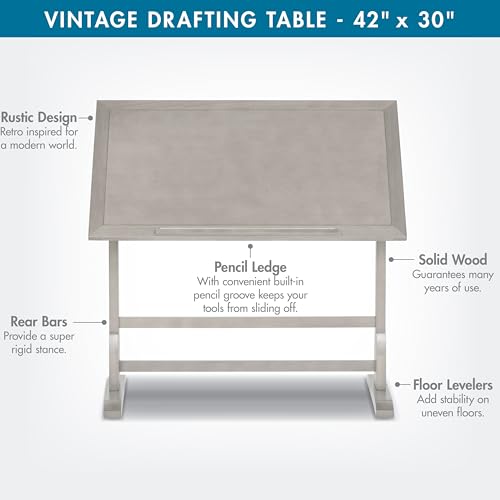 Studio Designs Wood Drawing/Drafting Table with Pencil Ledge - 42" W x 30" D - Whitewash - Tilting Top Adjustable Desk SD STUDIO DESIGNS