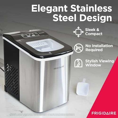 Frigidaire Compact Countertop Ice Maker, Makes 26 Lbs. of Bullet Shaped Ice Cubes Per Day, Silver Stainless Frigidaire