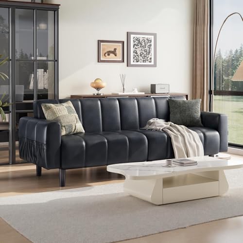hausway 83”Faux Leather Futon Couch,Mid Century Modern Convertible Leather Sofa with Adjustable Backrest,Storage Pocket,Wooden&Steel Frame for Office,Living Room,Space-Saving,Black hausway