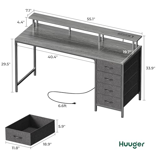Huuger 55 Inch Computer Desk with Power Outlets and LED Lights, Gaming Desk with 4 Drawers, Office Desk with Monitor Stand, Study Work, Home Office, Gray Huuger