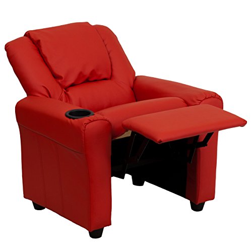 Flash Furniture Vana Vinyl Kids Recliner with Cup Holder, Headrest, and Safety Recline, Contemporary Reclining Chair for Kids, Supports up to 90 lbs., Red