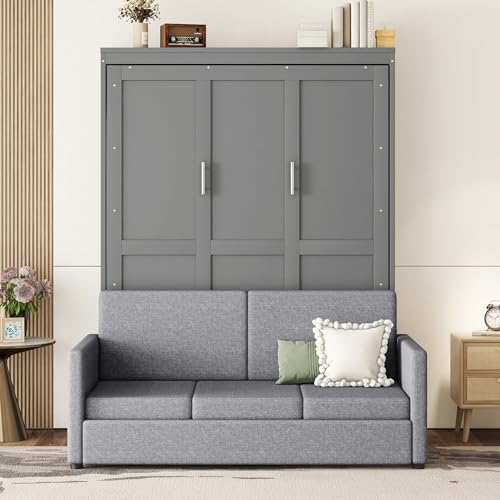 Ball & Cast Queen Size Murphy Bed Wall Bed with Sofa,can be Folded,Multifunctional Hideaway Cabinet Bed Frame,No Box Spring Needed,for Apartment,Bedroom,Guest Room,Gray Ball & Cast
