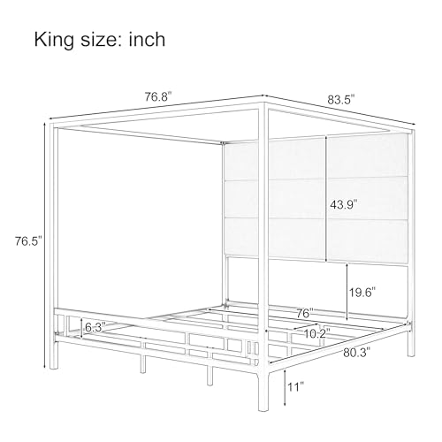 Merax King Size Gold Metal Canopy Bed Frame, Modern Upholstered Linen Headboard with Tall Back Support, 800 lbs Weight Capacity, Luxurious 4-Poster Bedroom Furniture for Modern Home, Gold+Tan
