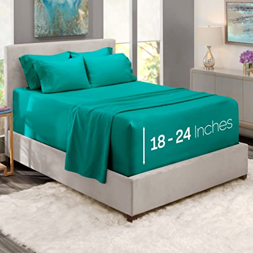 Hearth & Harbor Extra Deep Pocket Queen Sheets Sets - Fits Mattress 18-24 Inches Deep - Extra Deep Pocket Sheets - 6 Piece Queen Size - Teal Hearth & Harbor