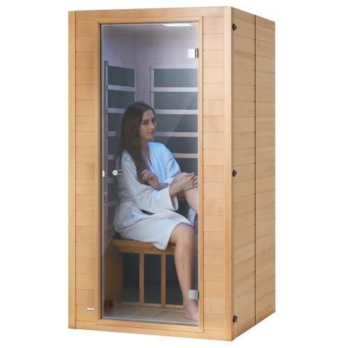 VEVOR 1 to 2 Person Far Infrared Wooden Sauna, Room Home Sauna Spa, Low EMF Far Infrared Hemlock Wood Sauna with Tempered Glass Door & Multicolor Lamp & Bluetooth Speakers & Chromotherapy Lights VEVOR