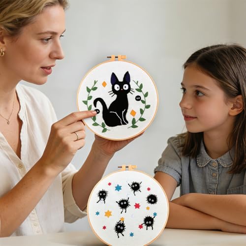 Cat Embroidery Starter Kit for Beginners Adults, Animal Stamped Cross Stitch Kit for Adult Beginner, Hand Embroidery Needlepoint Kits, 2 Set Embroidery Supply, 2 Hoops (Attached Video Tutorial)