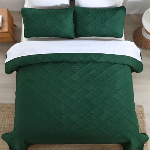 Yiran Twin Quilt Set, Emerald Green Lightweight Soft Bedspreads Bedding Set, Diamond Pattern Coverlet for All Season Modern Style 2 Piece with 1 Pillow Sham 68x90 Inch