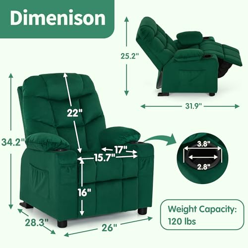 MCombo Big Kids Recliner for Ages 3+, Child Reclining Chair, Toddlers Recliner Sofa with Cup Holders (Velvet, Green)