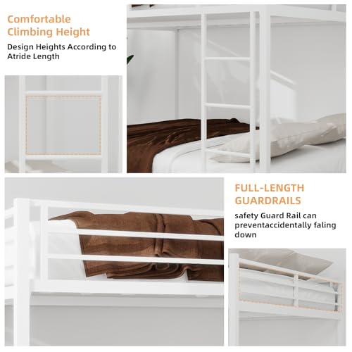Bellemave Metal Bunk Bed with Trundle, Full Over Full Bunk Twin Trundle and Guardrail and Ladder for Kids/Teenagers, Adults, White Bellemave