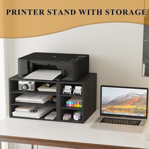 MARTY Printer Stand with Storage for Desk Large Desktop Printer Stand Shelf Riser with 6 Storage Compartments Wood Desk Paper Organzier File Organizer for Home/Office, Black MARTY