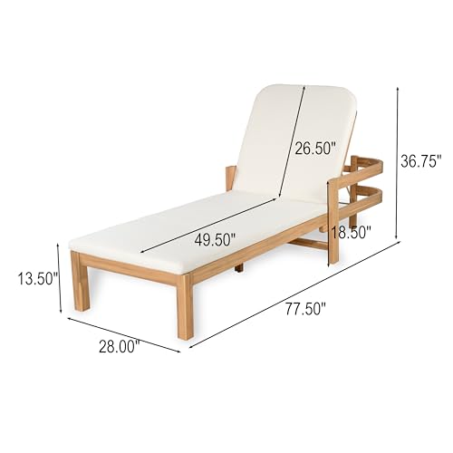 Christopher Knight Home Kayas Acacia Wood Chaise Lounge with Adjustable Backrest, 77.5" Outdoor Sun Lounger with Cushion, Patio Lounger Recliner Chair for Poolside Lawn, Light Teak+Cream, Set of 2
