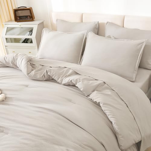 Litanika Full Size Comforter Sets Linen - 7 Pieces Bed in a Bag Full Bedding Comforter Sets, Solid Lightweight Bed Set with Comforter, Sheets, Pillowcases & Shams Litanika