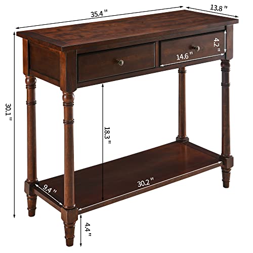 Entry Console Table with 2 Storage Drawers and Open Shelf, Traditional Console Table with Solid Wood leg, Foyer Tables for Entryway, Hallway, Blank Wall, 35.4”L x 13.8”W x 30.1”H, Cherry BrownSFZ004CR VERDANTREE