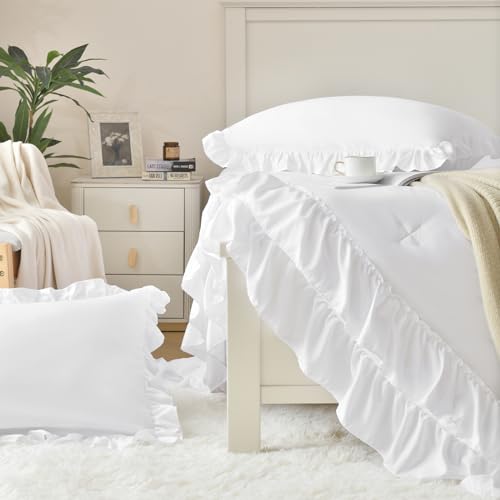 Cupocupa White Queen Comforter Set, 3Pcs Ruffle Comforters Queen/Full Size Farmhouse Bedding Sets with Comforter, Lightweight Fluffy Soft Shabby Chic Bedding Comforter Sets Cupocupa